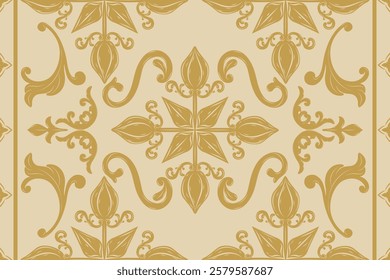 Timeless Luxury Gold Scroll Ornament Exquisitely Seamless Pattern Decoration. Two way Repeat Canvas and Border with Elegance Design. Curly Victorian Art Damask Embroidery Haute Couture on Yellow BG.