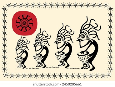 Pirotecnia eterna: Pinturas de Kokopelli que evocan el disfrute de la vida temprana. Kokopelli Art. Pintura de vida inicial, ilustración de alegría tribal