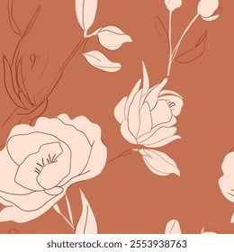 Timeless Orange Fall Winter Terra Brown French Grey White Abstract Wild Rose Flower Elegant Leaf Watercolor Scandinavian Design Seamless Pattern Wallpaper Fabric Background Vector