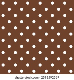 Timeless retro Mocha Brown polka dots vector seamless pattern, mid-century modern style rockabilly white polka dots brown background.