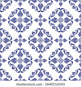 A timeless royal blue damask pattern on a clean white background, exuding elegance and sophistication. Perfect for textiles, home decor, and refined fashion pieces. 