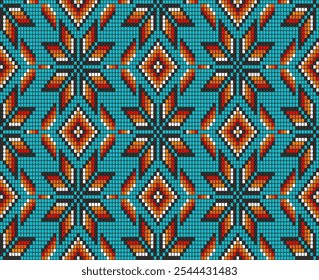 Timeless Southwest Native American Aztec beads motif teal Vector Pattern. Tribal beaded geometrics in red, orange, yellow, teal seamless pattern.