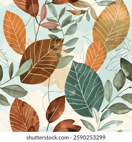 Timeless Spring Summer Green Brown Oak Eucalyptus Leaf Foliage Watercolor Abstract Scandinavian Design Seamless Pattern Wallpaper Curtain Bedding Background Upholstery Gift Wrapping Paper Vector