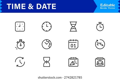 Timeless Time and Date Line Icon Set Professional, Editable, Pixel-Perfect Collection