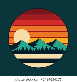 Timeless vintage sunset landscape silhouette vector for nature-inspired t-shirt designs. Perfect for retro and outdoor enthusiasts.
