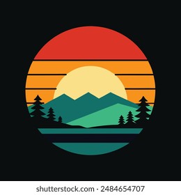 Timeless vintage sunset landscape silhouette vector for nature-inspired t-shirt designs. Perfect for retro and outdoor enthusiasts.