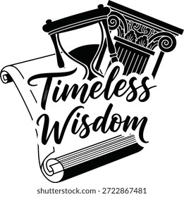 Sabedoria Timeless Hourglass Scroll Quill Vetor Black Hand Drawn Typography Logo Emblema Badge Icon Silhueta Vintage Retro Graphic Knowledge Time