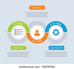 timeliene Infographic design template 3 steps allocation; attribution and optimization with place for your data. Vector illustration.