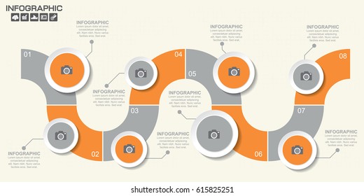 Timeliene Infographic design template 8 steps with place for your data. Vector illustration.