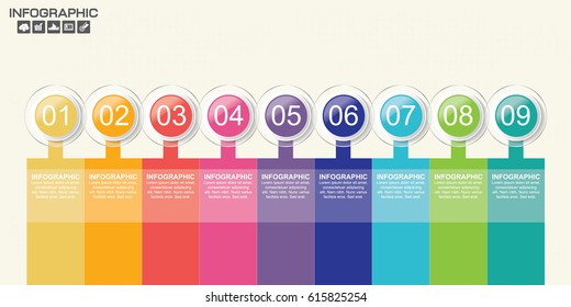 Timeliene Infographic design template 9 steps with place for your data. Vector illustration.