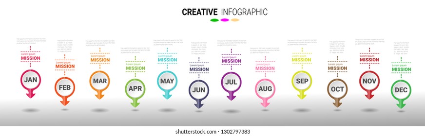 Timeline 1 year, 12 months, Timeline infographics design vector 12 steps and Presentation business can be used for Business concept with 12 options, steps or processes.