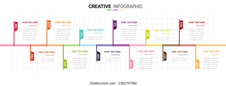 Timeline 1 year, 12 months, Timeline infographics design vector 12 steps and Presentation business can be used for Business concept with 12 options, steps or processes.