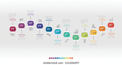 Timeline for 1 year, 12 months, infographics month planner design vector 12 steps and Presentation business can be used for Business concept with 12 options, steps or processes. 