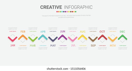 Timeline for 1 year, 12 months, infographics month planner design vector 12 steps and Presentation business can be used for Business concept with 12 options, steps or processes. 