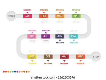 Línea de tiempo para 1 año, 12 meses, infografía mes diseño vector 12 pasos y el negocio de presentación se puede utilizar para concepto de negocio con 12 opciones, pasos o procesos. 