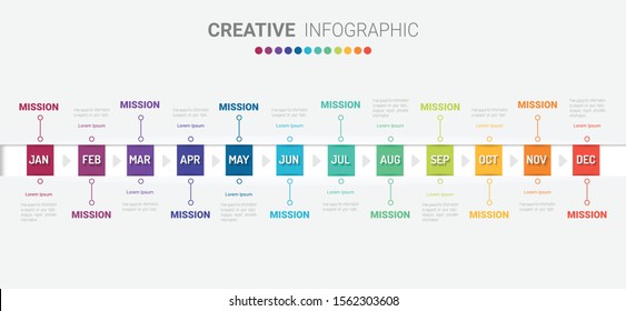 Timeline for 1 year, 12 months, infographics month planner design vector 12 steps and Presentation business can be used for Business concept with 12 options, steps or processes. 