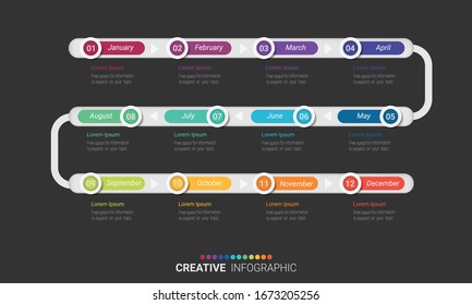 Timeline for 1 year, 12 months, infographics month planner design vector 12 steps and Presentation business can be used for Business concept with 12 options, steps or processes. 