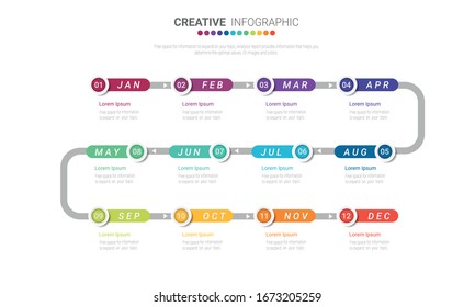 Timeline for 1 year, 12 months, infographics month planner design vector 12 steps and Presentation business can be used for Business concept with 12 options, steps or processes. 