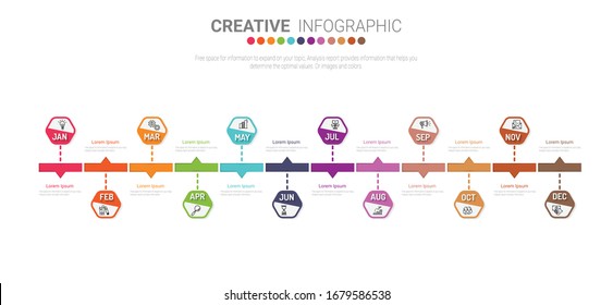 Timeline for 1 year, 12 months, infographics month planner design vector 12 steps and Presentation business can be used for Business concept with 12 options, steps or processes. 