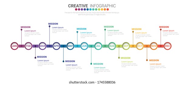 Timeline for 1 year, 12 months, infographics month planner design vector 12 steps and Presentation business can be used for Business concept with 12 options, steps or processes. 