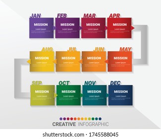 Timeline for 1 year, 12 months, infographics month planner design vector 12 steps and Presentation business can be used for Business concept with 12 options, steps or processes. 