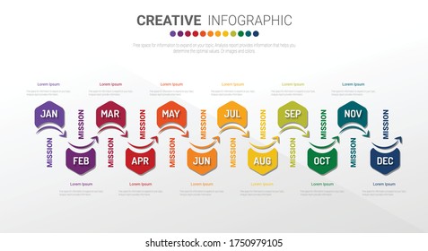 Timeline for 1 year, 12 months, infographics month planner design vector 12 steps and Presentation business can be used for Business concept with 12 options, steps or processes. 