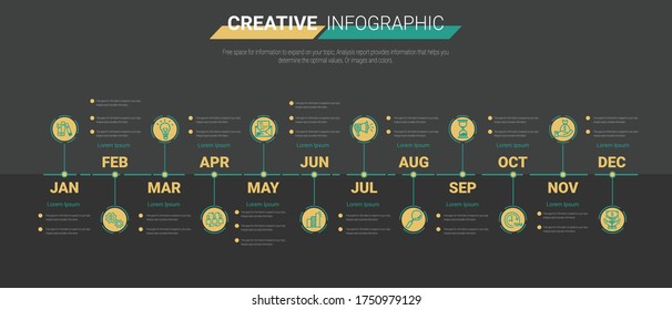 Línea de tiempo para 1 año, 12 meses, infografía de mes de diseño vector 12 pasos y el negocio de presentación se puede usar para concepto de negocio con 12 opciones, pasos o procesos. 