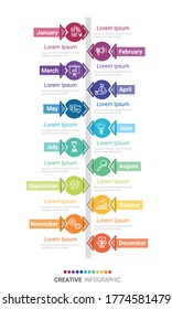 Timeline for 1 year, 12 months, infographics all month planner design and Presentation business can be used for Business concept with 12 options, steps or processes. 