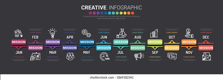 Timeline for 1 year, 12 months, infographics all month planner design and Presentation business can be used for Business concept with 12 options, steps or processes. 