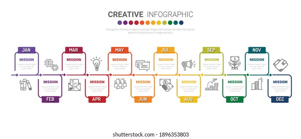 Timeline For 1 Year, 12 Months, Infographics All Month Planner Design And Presentation Business Can Be Used For Business Concept With 12 Options, Steps Or Processes. 