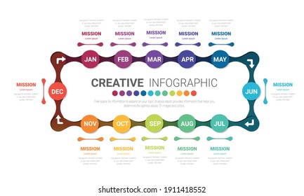 Timeline for 1 year, 12 months, infographics all month planner design and Presentation business can be used for Business concept with 12 options, steps or processes. 