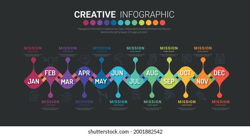 Timeline For 1 Year, 12 Months, Infographics All Month Planner Design And Presentation Business Can Be Used For Business Concept With 12 Options, Steps Or Processes. 