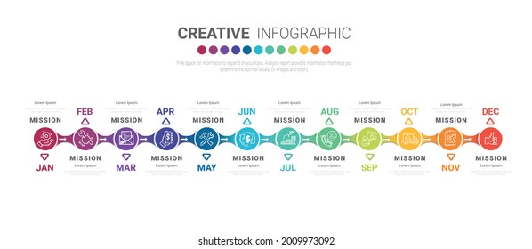 Timeline for 1 year, 12 months, infographics all month planner design and Presentation business can be used for Business concept with 12 options, steps or processes. 