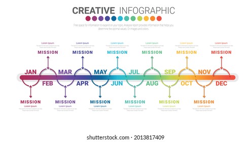 Timeline for 1 year, 12 months, infographics all month planner design and Presentation business can be used for Business concept with 12 options, steps or processes. 
