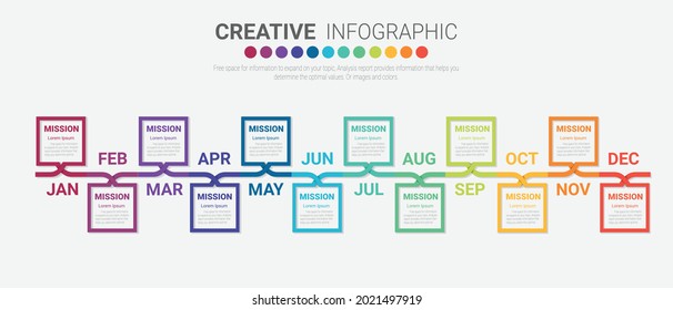 Timeline for 1 year, 12 months, infographics all month planner design and Presentation business can be used for Business concept with 12 options, steps or processes. 