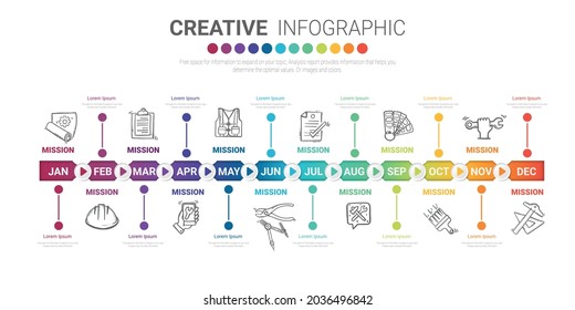 Timeline for 1 year, 12 months, infographics all month planner design and Presentation business can be used for Business concept with 12 options, steps or processes. 