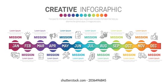 Timeline for 1 year, 12 months, infographics all month planner design and Presentation business can be used for Business concept with 12 options, steps or processes. 