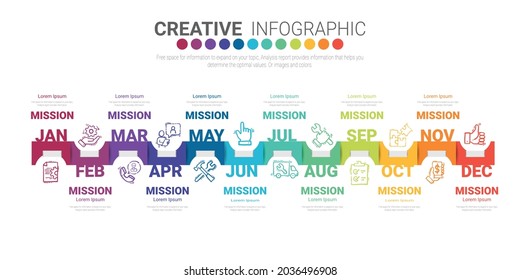 Timeline for 1 year, 12 months, infographics all month planner design and Presentation business can be used for Business concept with 12 options, steps or processes. 