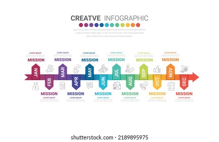 Timeline for 1 year, 12 months, infographics all month planner design and Presentation business can be used for Business concept with 12 options, steps or processes. 