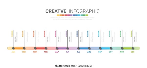 Timeline for 1 year, 12 months, infographics all month planner design and Presentation business can be used for Business concept with 12 options, steps or processes. 