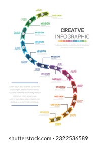 Timeline for 1 year, 12 months, infographics all month planner design and Presentation business can be used for workflow layout, diagram, number step up options. EPS Vector.