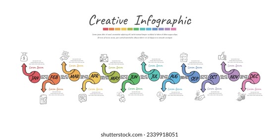 Línea de tiempo para 1 año, 12 meses, infografía todo el mes diseño del planificador y el negocio de presentación se puede usar para el concepto de negocio con 12 opciones, pasos o procesos. Vector EPS Doodle.