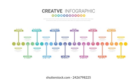 Línea de tiempo para 1 año, 12 meses, infografías todo el mes planificador de diseño y presentación de negocios se puede utilizar para el flujo de trabajo, diagrama de proceso, diagrama de flujo. Vector EPS.