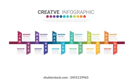 Cronograma para 1 año, 12 meses, infografía todo el mes planificador de diseño y presentación de negocios se puede utilizar para el flujo de trabajo, diagrama de proceso, diagrama de flujo, Vector EPS.