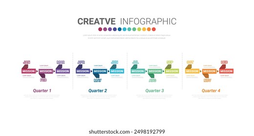 Timeline 1 año, 12 meses en 4 trimestres, infografías para informe anual y presentación, Timeline Vector de diseño de infografías y presentación de negocios. Vector EPS.