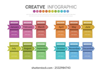 Timeline 1 año, 12 meses en 4 trimestres, infografías para informe anual y presentación, Timeline Vector de diseño de infografías y presentación de negocios. Vector EPS.