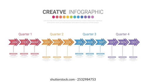 Timeline 1 año, 12 meses en 4 trimestres, infografías para informe anual y presentación, Timeline Vector de diseño de infografías y presentación de negocios. Vector EPS.