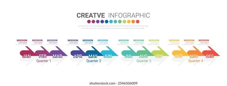 Timeline 1 año, 12 meses en 4 trimestres, infografías para informe anual y presentación, Timeline Vector de diseño de infografías y presentación de negocios. Vector EPS.