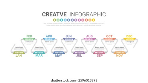 Timeline for 1 year, 12 months, infographics all month planner design and Presentation business can be used for workflow, process diagram, flow chart. EPS vector.