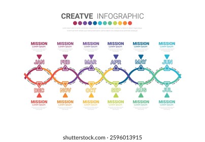 Timeline for 1 year, 12 months, infographics all month planner design and Presentation business can be used for workflow, process diagram, flow chart. EPS vector.